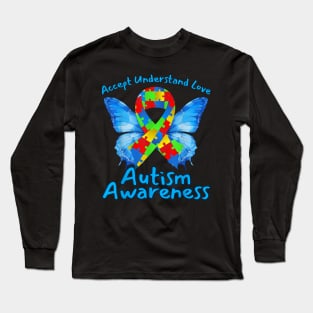 Accept Understand Love Autism Awareness Jigsaw Butterfly Long Sleeve T-Shirt
